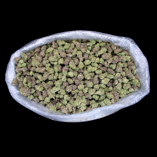 An ounce of cheap THCA smalls in a sealed bag