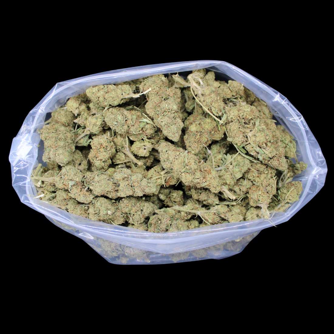 A pound of THCA flower in a sealed bulk bag